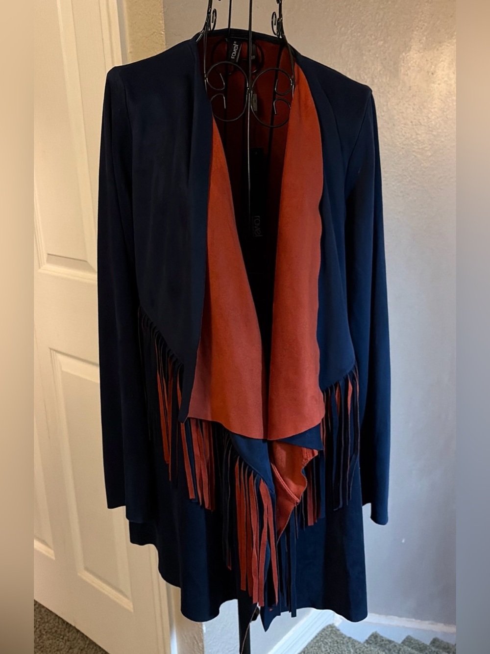 Ravel Western Boho Fringe Cardigan S/P Faux Suede Cowgirl Country Navy/Rust NEW